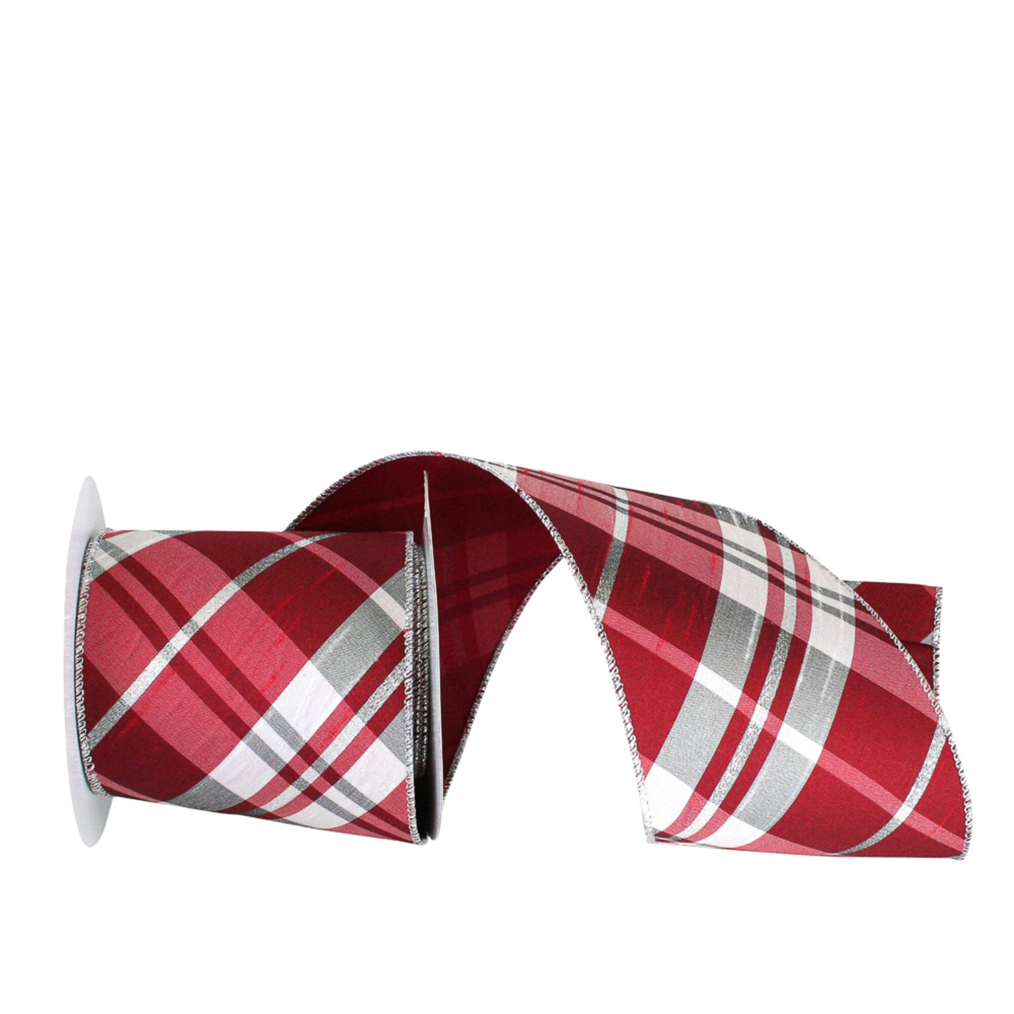 JAM Paper 4" x 10yd. Dupioni Wired Edge Diagonal Sterling Plaid Ribbon